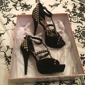 Black Strappy Heels with Gold Studs